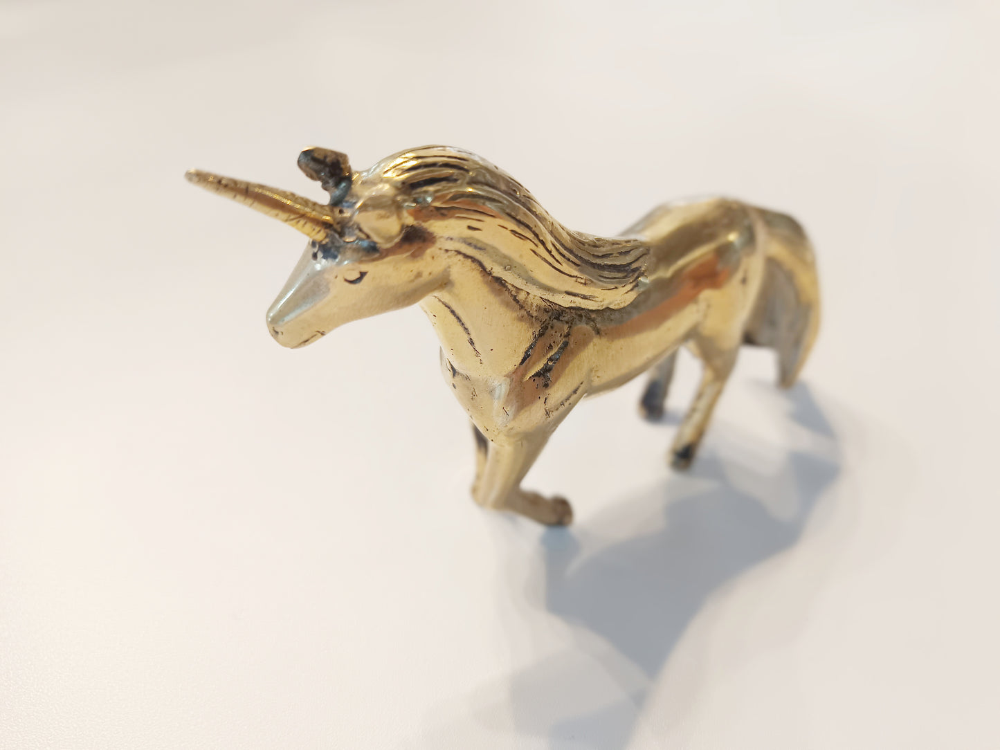 Unicorn brass figurine, antique brass horned horse miniature
