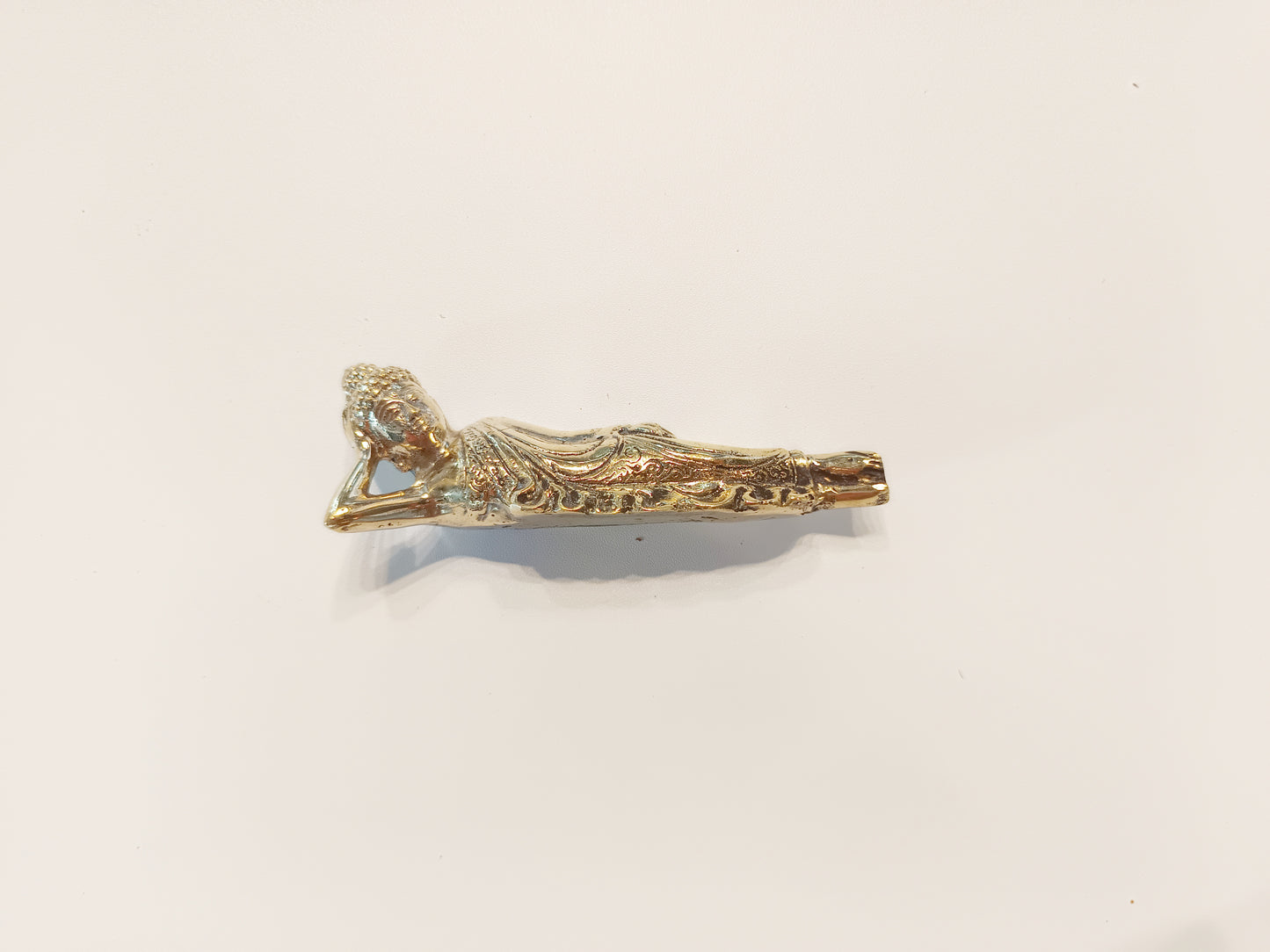 Sleeping Buddha brass figurine, antique brass relaxing Buddha miniature.
