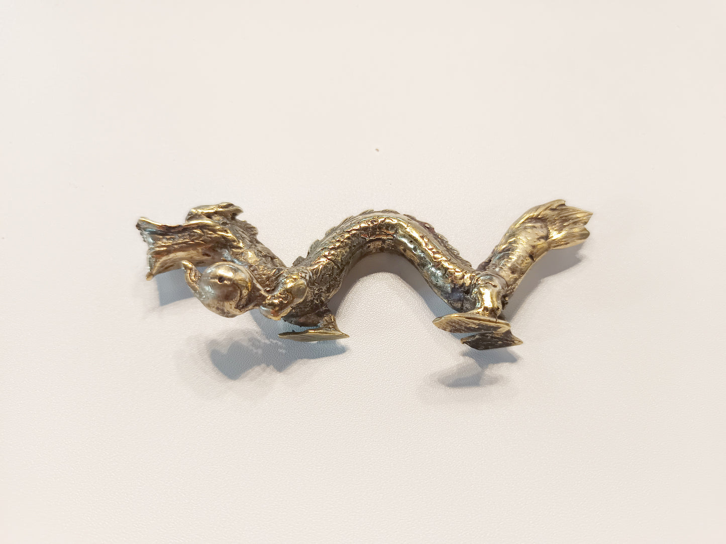 Dragon brass figurine, antique brass eastern dragon miniature.