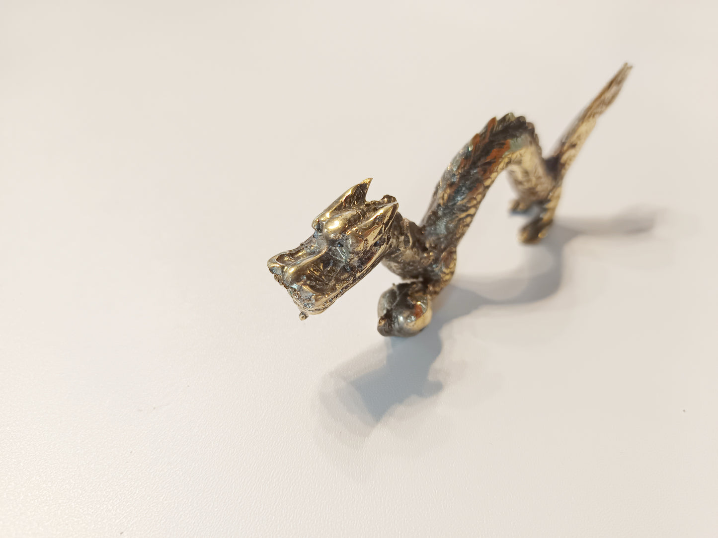 Dragon brass figurine, antique brass eastern dragon miniature.