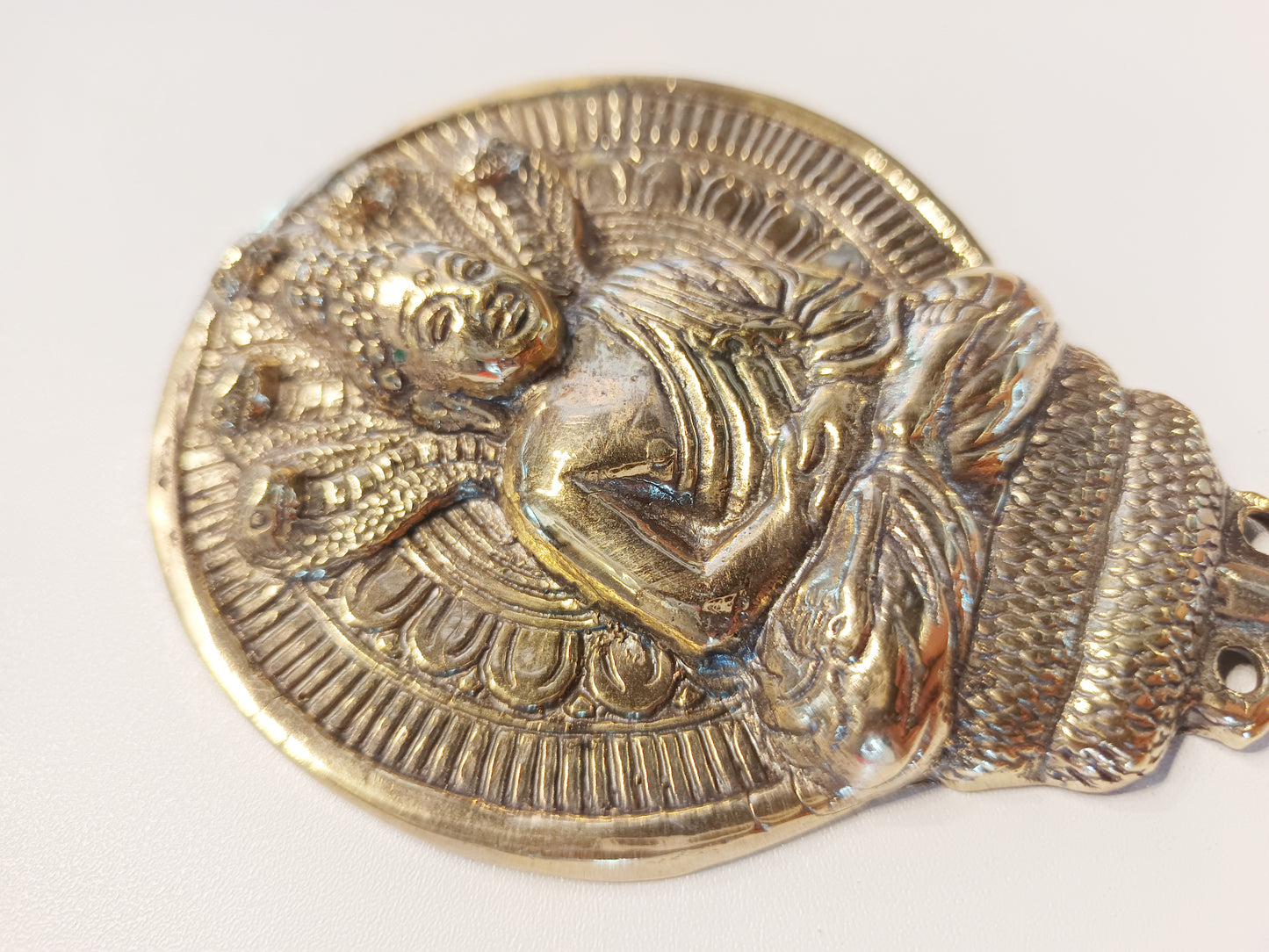 Round meditating Buddha brass wall hook, antique brass round Buddha with serpent coat rack.