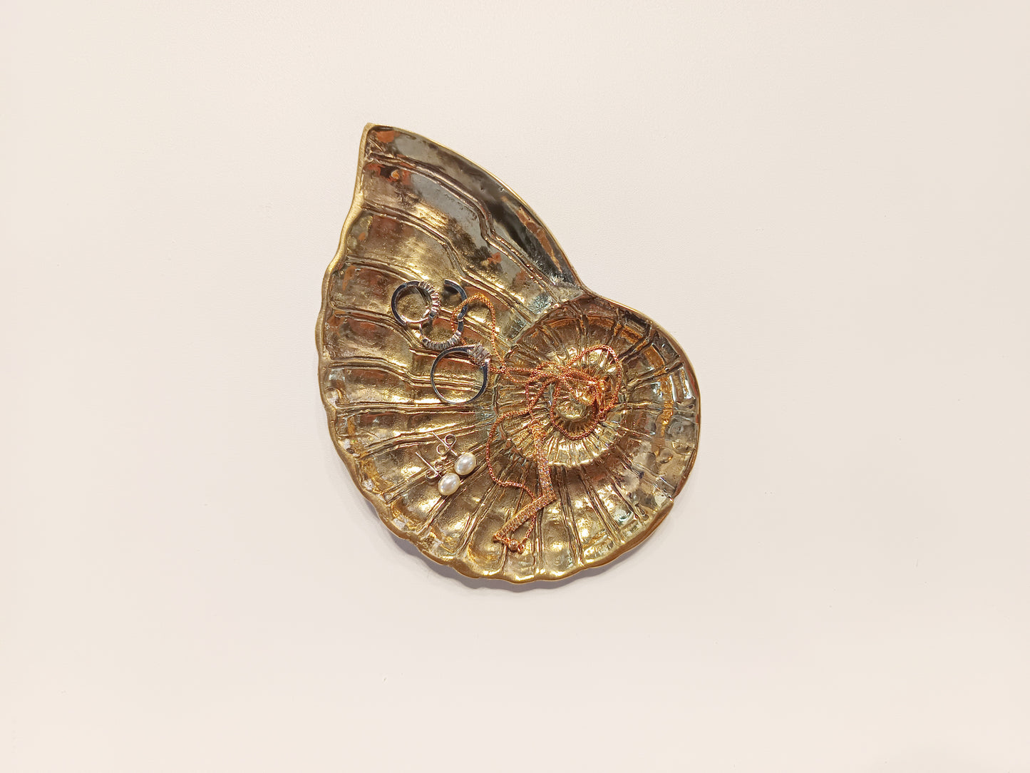 Ammonite brass ring dish, antique brass trinket plate.