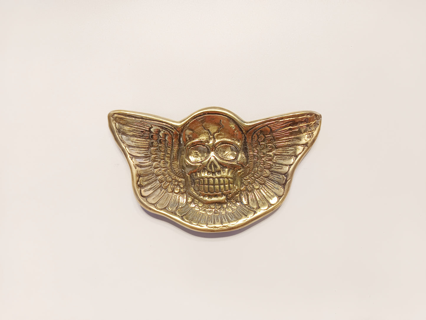 Winged skull brass ring dish, antique brass trinket plate.