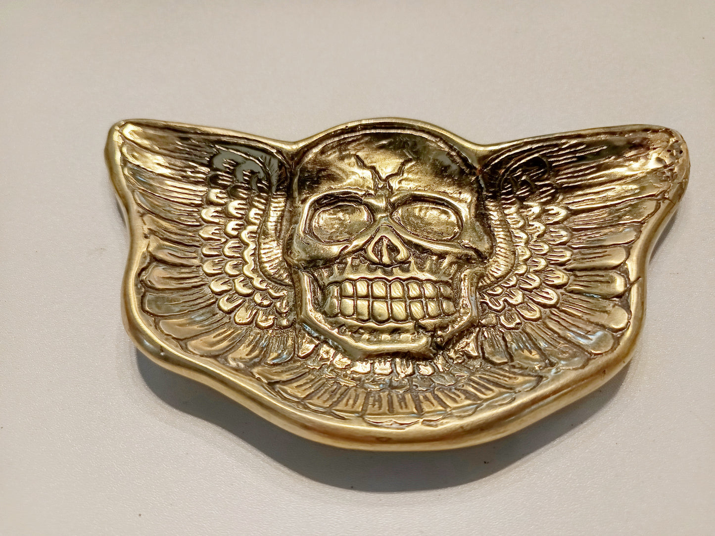 Winged skull brass ring dish, antique brass trinket plate.