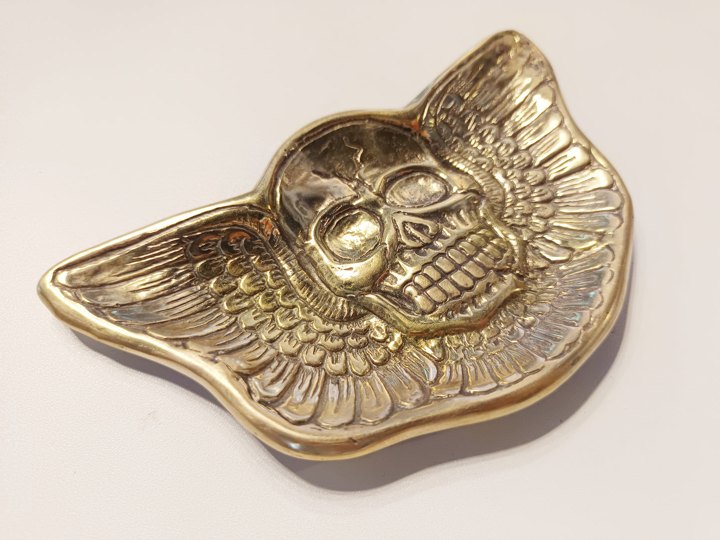 Winged skull brass ring dish, antique brass trinket plate.