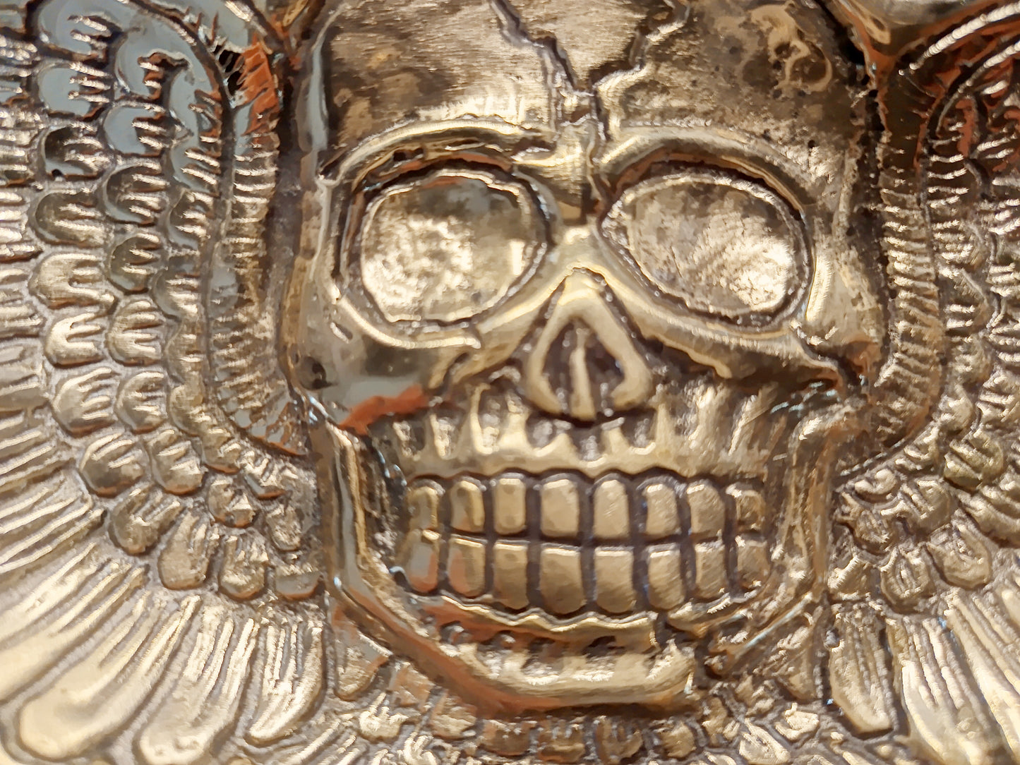 Winged skull brass ring dish, antique brass trinket plate.