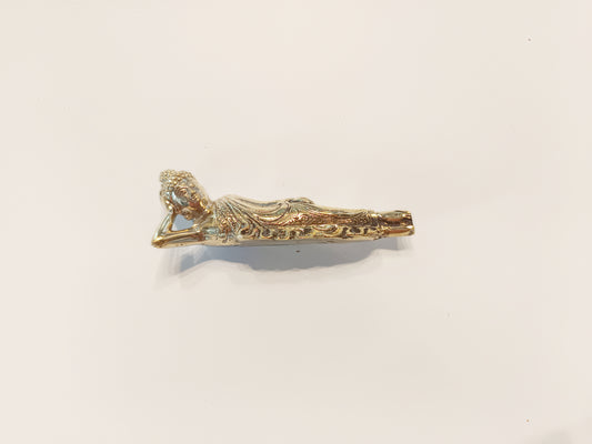 Sleeping Buddha brass figurine, antique brass relaxing Buddha miniature.