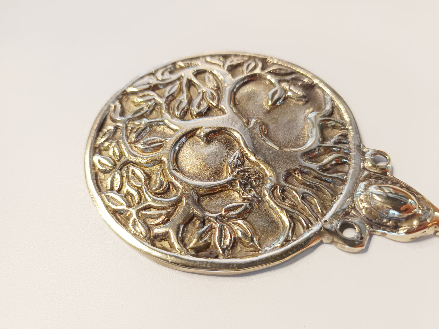 Round Yggdrasil tree brass wall hook, antique brass round sacred tree coat rack.