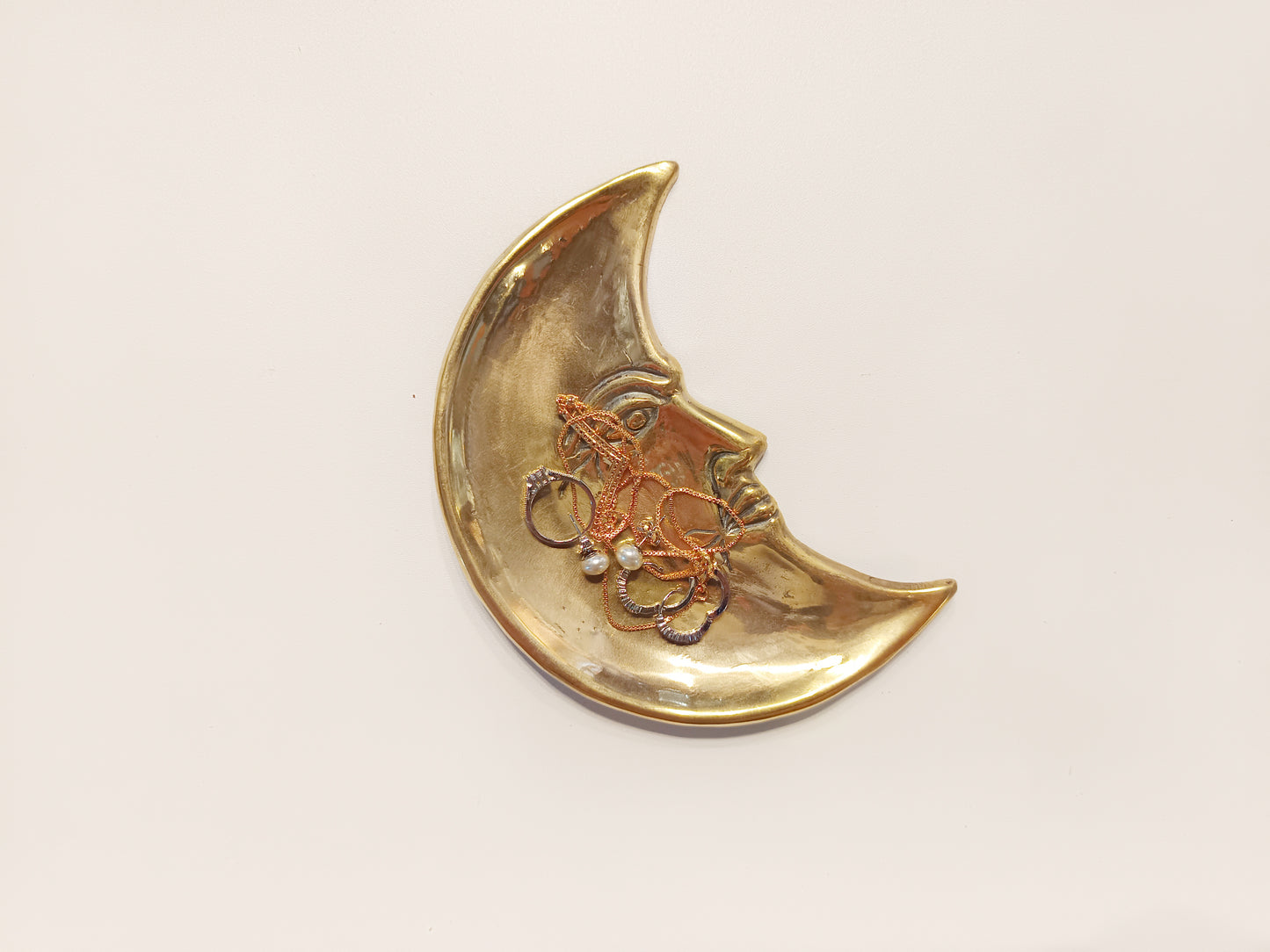 Crescent moon brass ring dish, antique brass trinket plate.