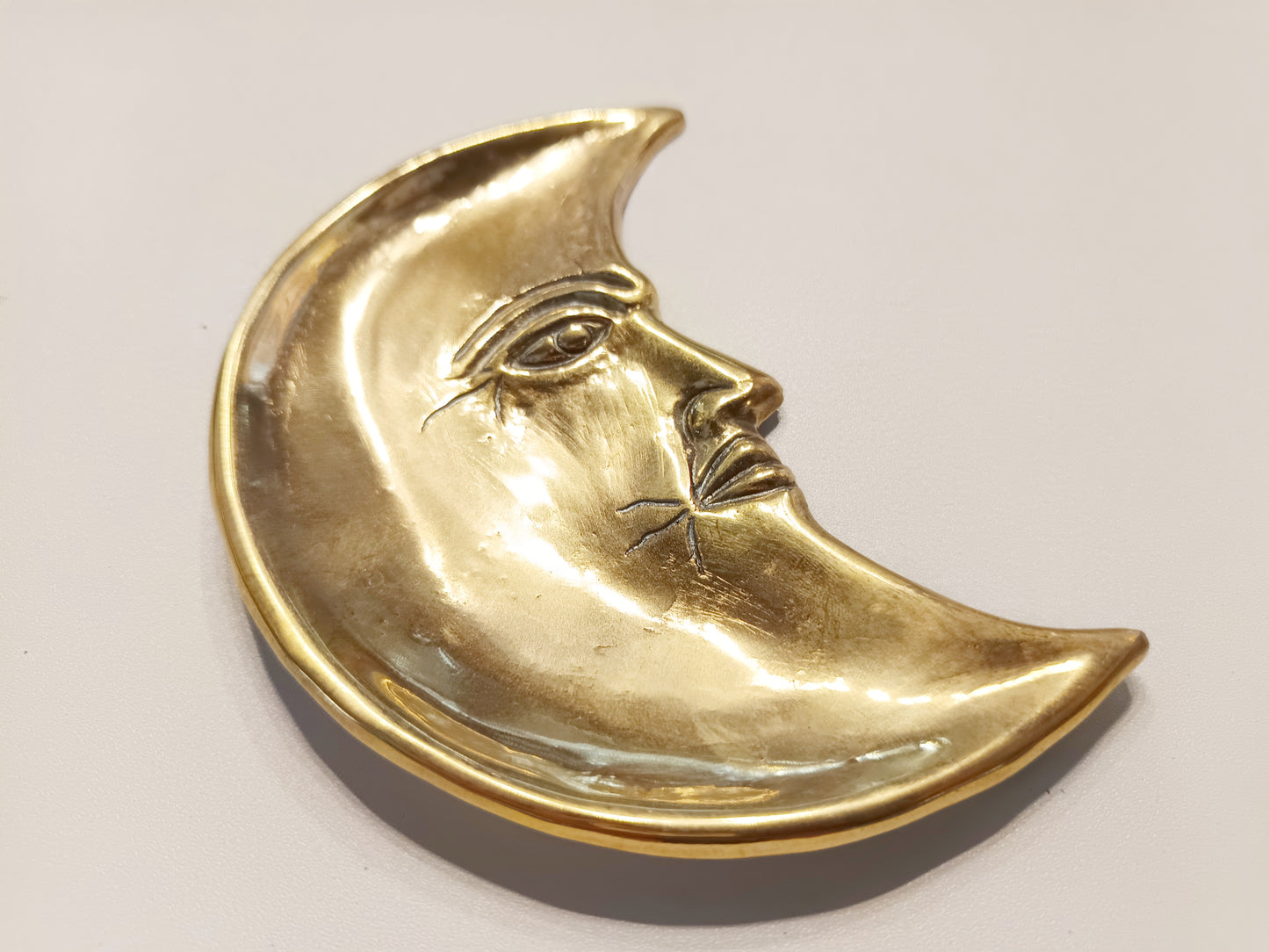 Crescent moon brass ring dish, antique brass trinket plate.