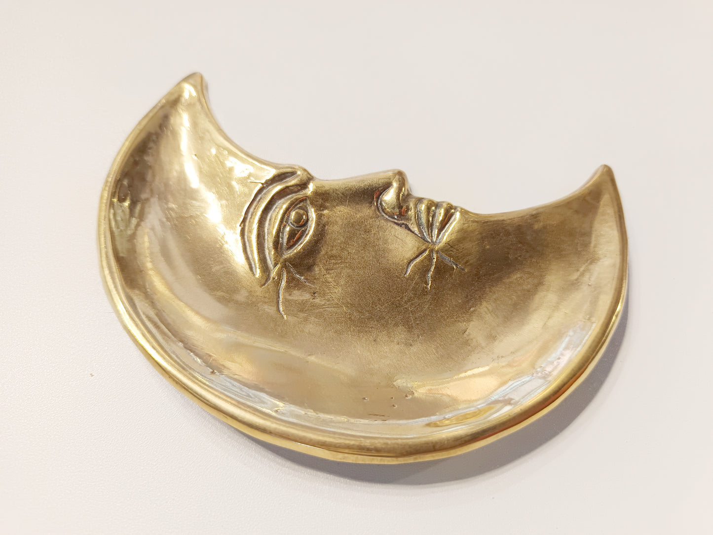 Crescent moon brass ring dish, antique brass trinket plate.