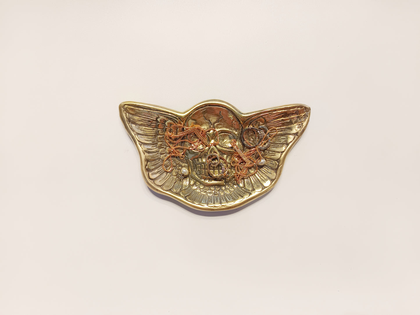 Winged skull brass ring dish, antique brass trinket plate.
