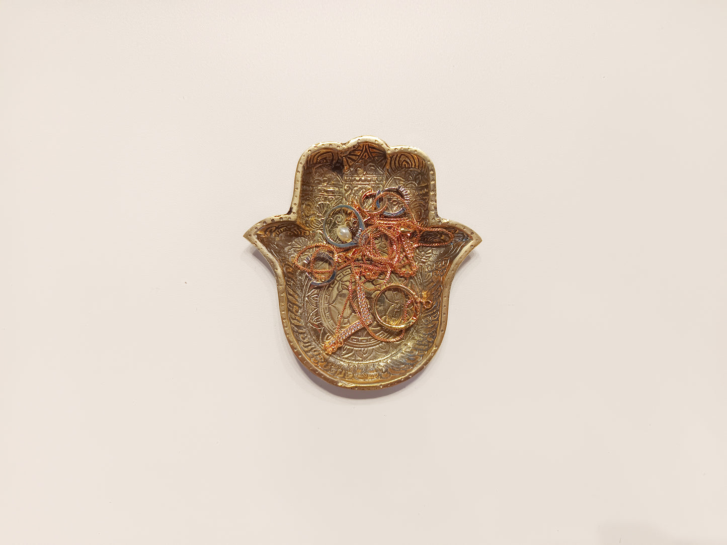 Hamsa hand brass ring dish, antique brass trinket plate.