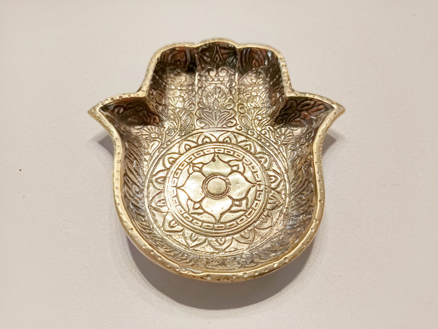 Hamsa hand brass ring dish, antique brass trinket plate.