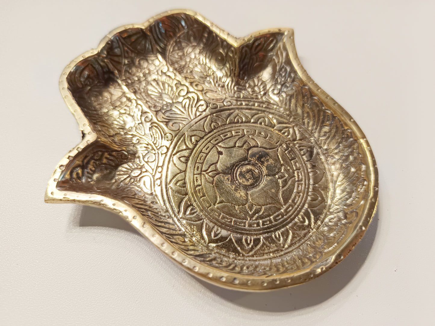 Hamsa hand brass ring dish, antique brass trinket plate.