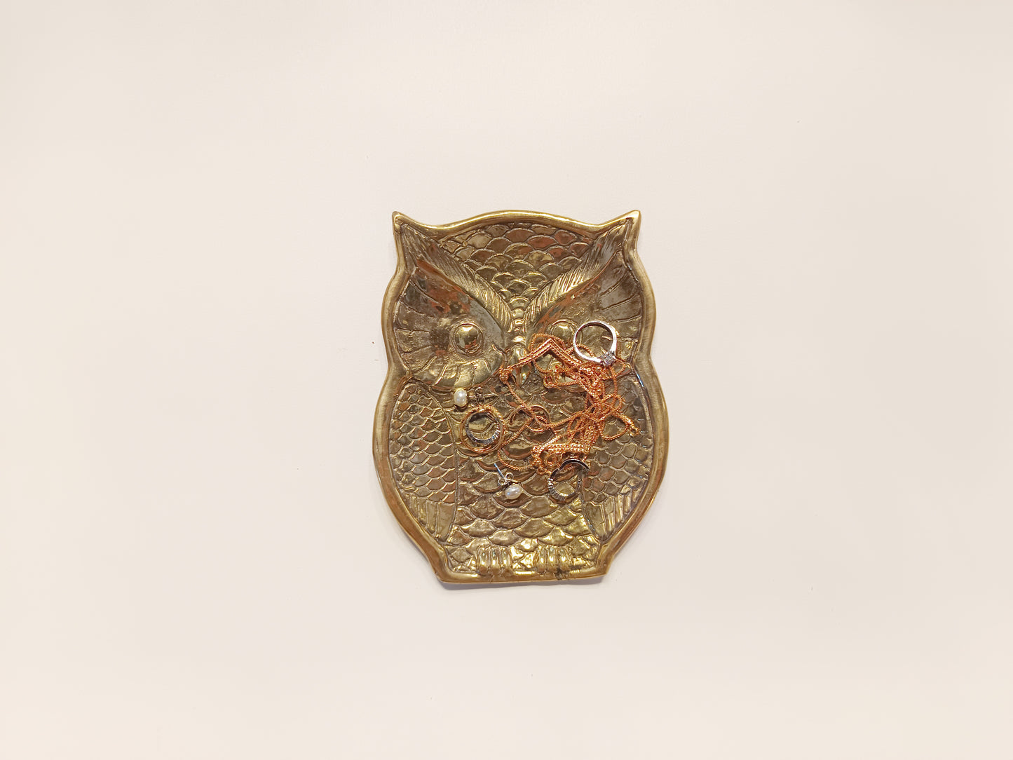 Owl brass ring dish, antique brass trinket plate.