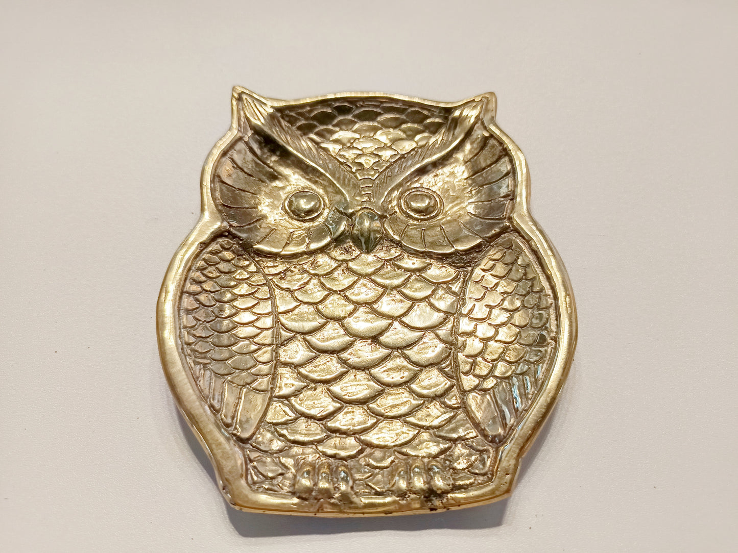 Owl brass ring dish, antique brass trinket plate.