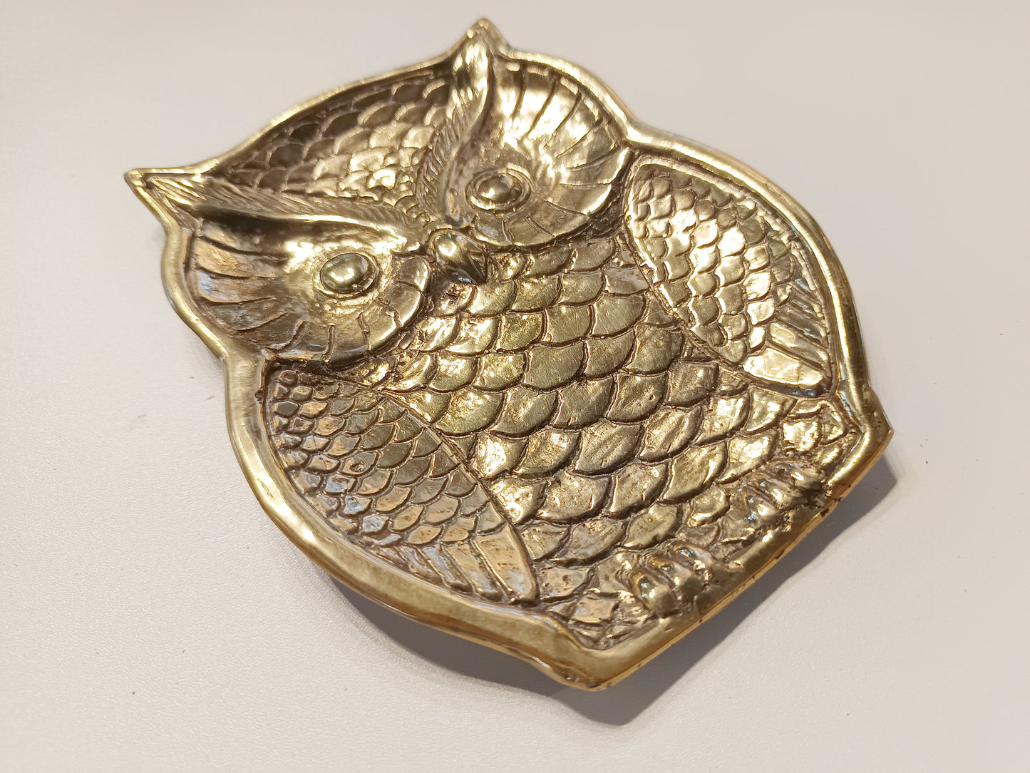 Owl brass ring dish, antique brass trinket plate.